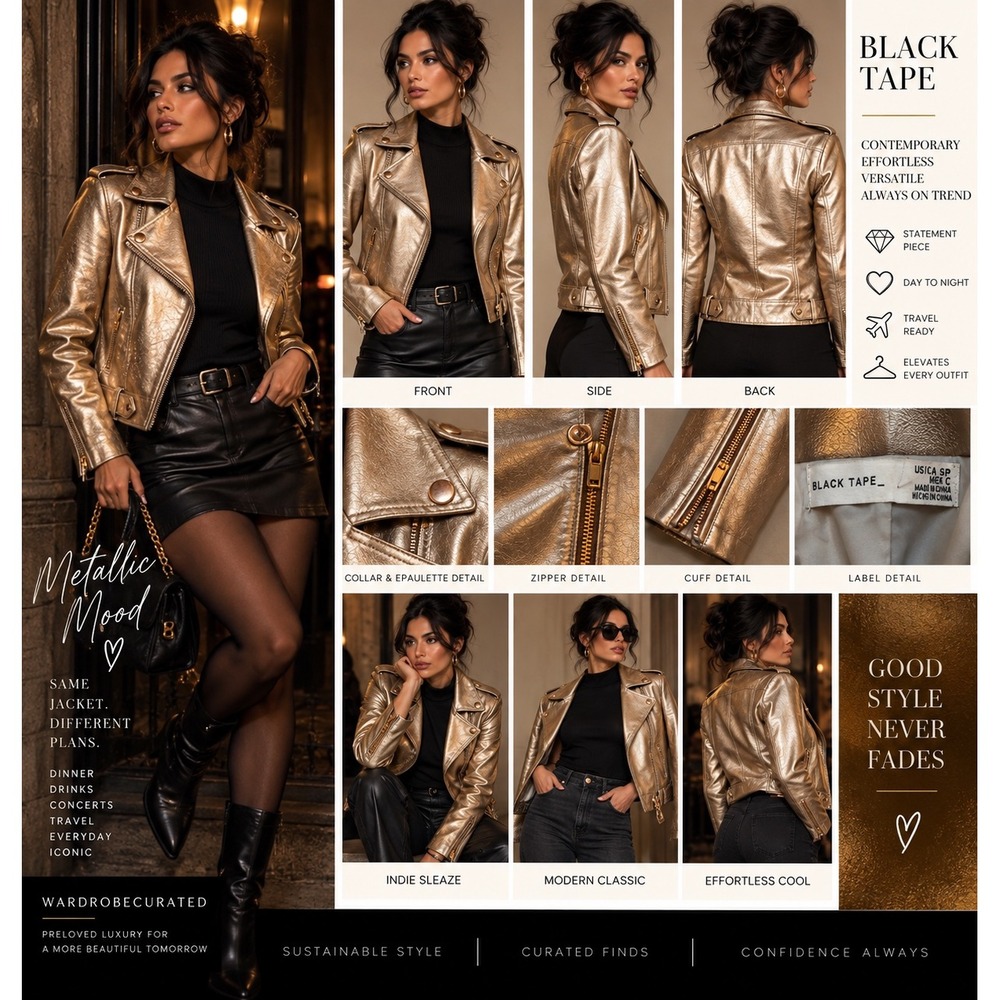 Black Tape Metallic Gold Moto Jacket Indie Sleaze Disco Glam Biker Jacket Small